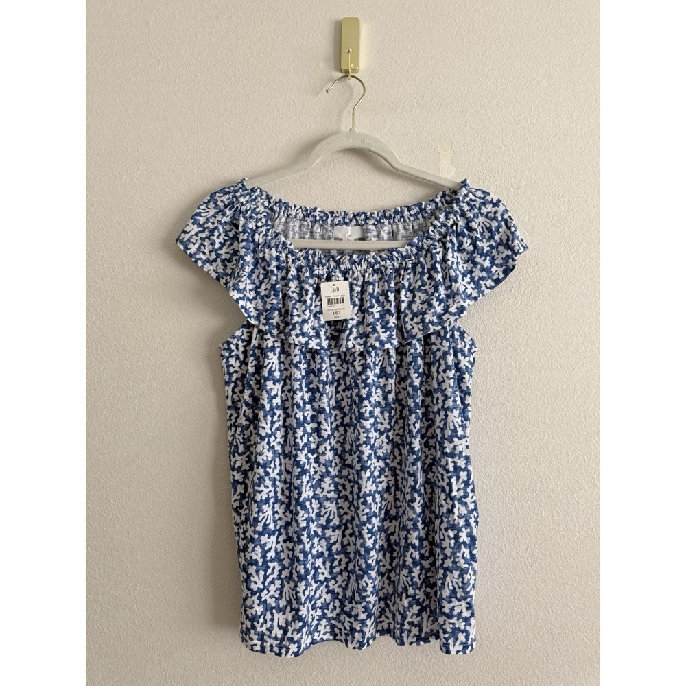 J. Jill Off Shoulder Ruffle Top Women's Sz M Blue‎ White Coral Print NWT